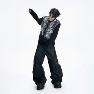 Black Waxed Cotton Cargo Jeans with Double Pleats - main image 4