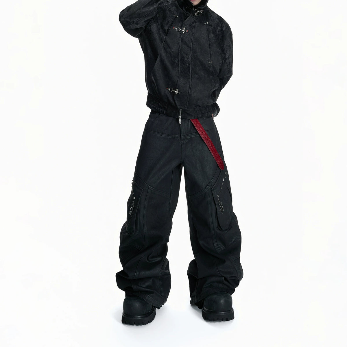 Black Waxed Cotton Cargo Jeans with Double Pleats - main image 5