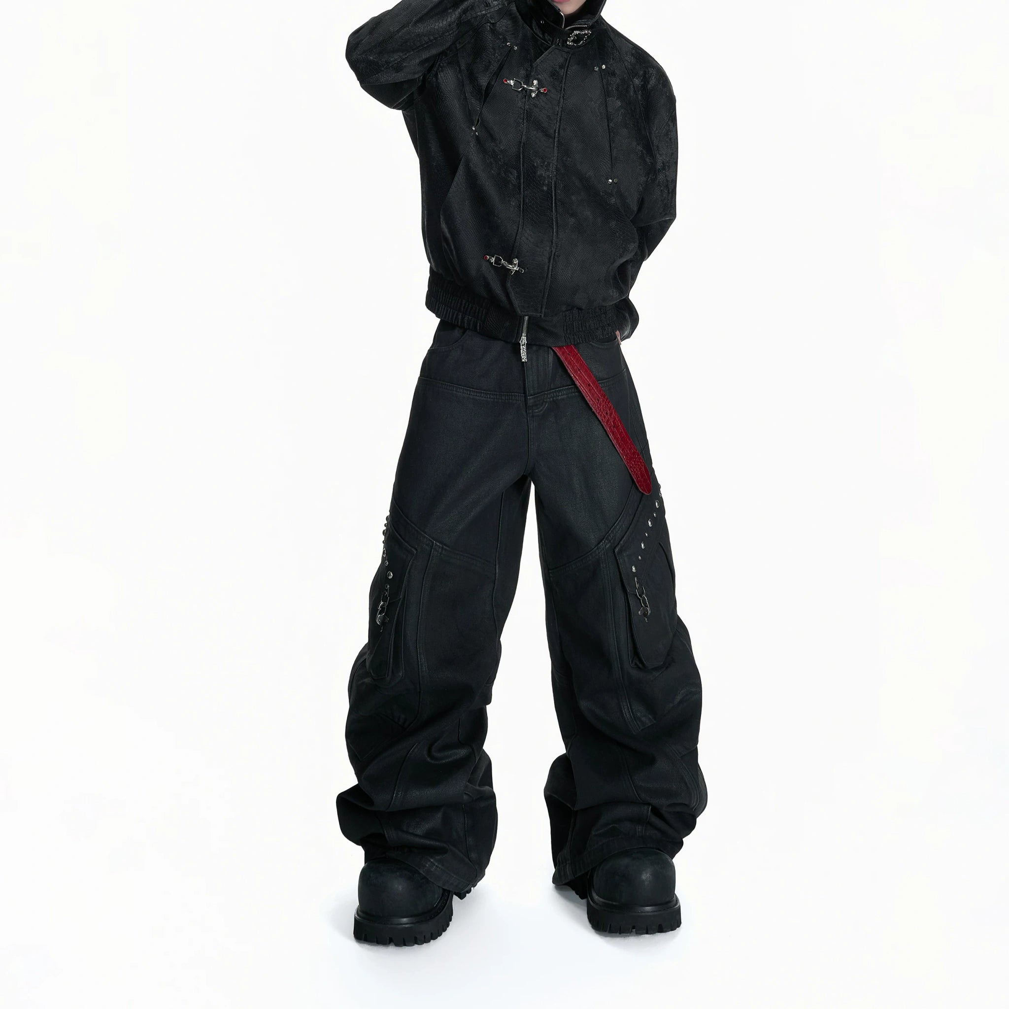 Black Waxed Cotton Cargo Jeans with Double Pleats - main image 5
