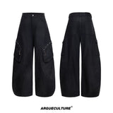 Black Waxed Cotton Cargo Jeans with Double Pleats - Black Pants