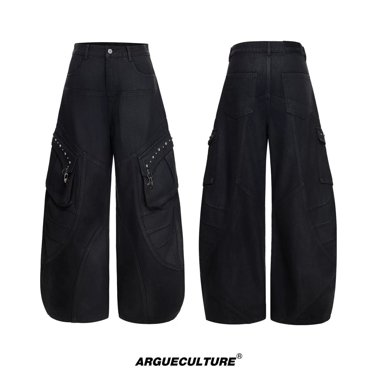 Black Waxed Cotton Cargo Jeans with Double Pleats - Black Pants