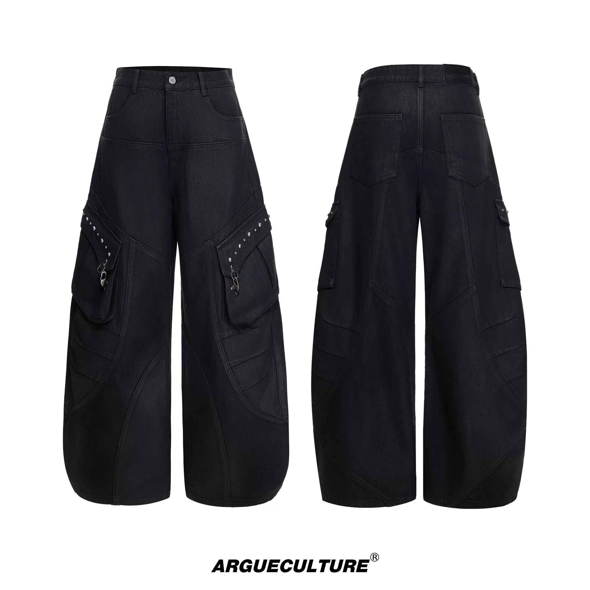 Black Waxed Cotton Cargo Jeans with Double Pleats - Black Pants