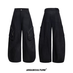 Black Waxed Cotton Cargo Jeans with Double Pleats - Black Pants