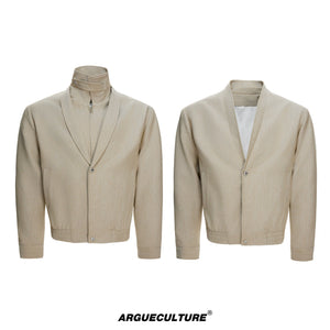Detachable High-Neck Khaki Deconstructed Jacket - Khaki Top