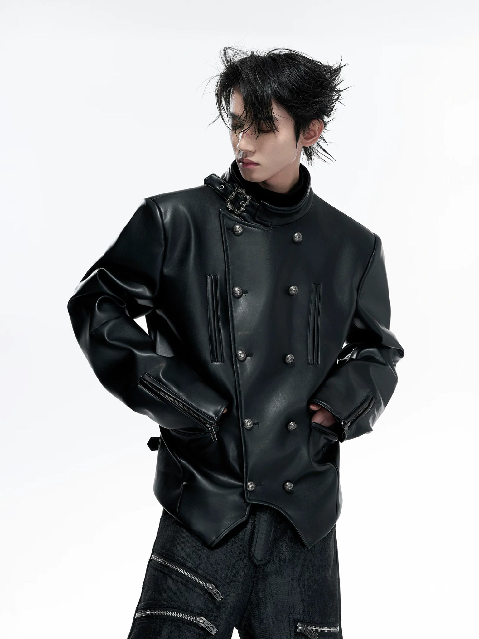 Asymmetric PU Leather Biker Jacket | Double-Breasted - main image 1