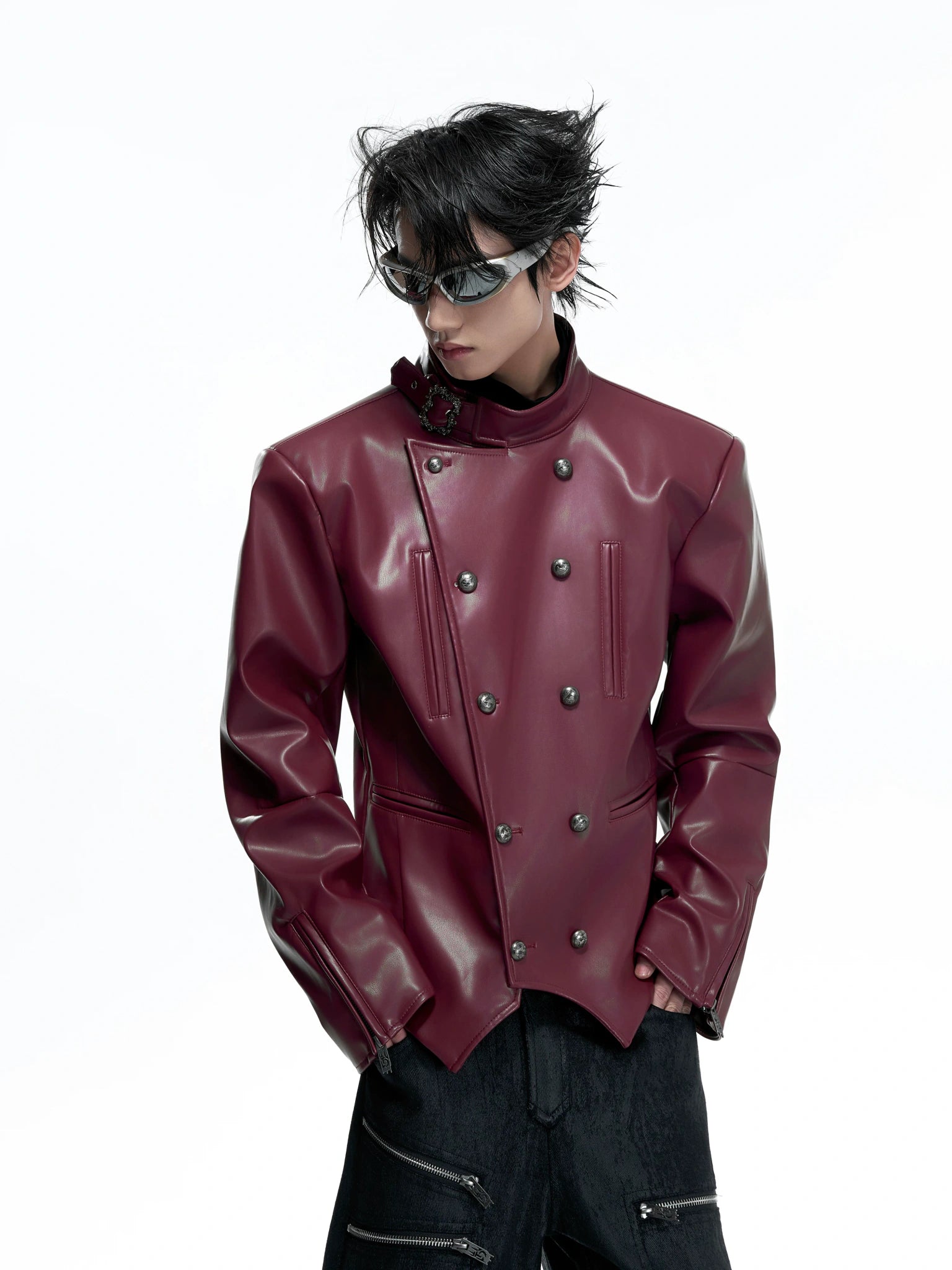 Asymmetric PU Leather Biker Jacket | Double-Breasted - main image 2