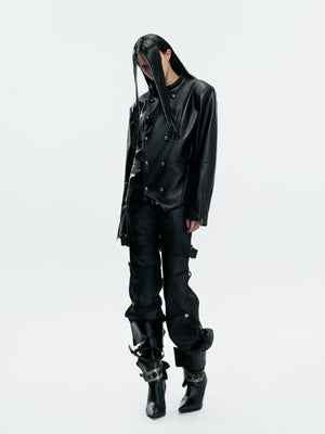 Asymmetric PU Leather Biker Jacket | Double-Breasted - main image 4