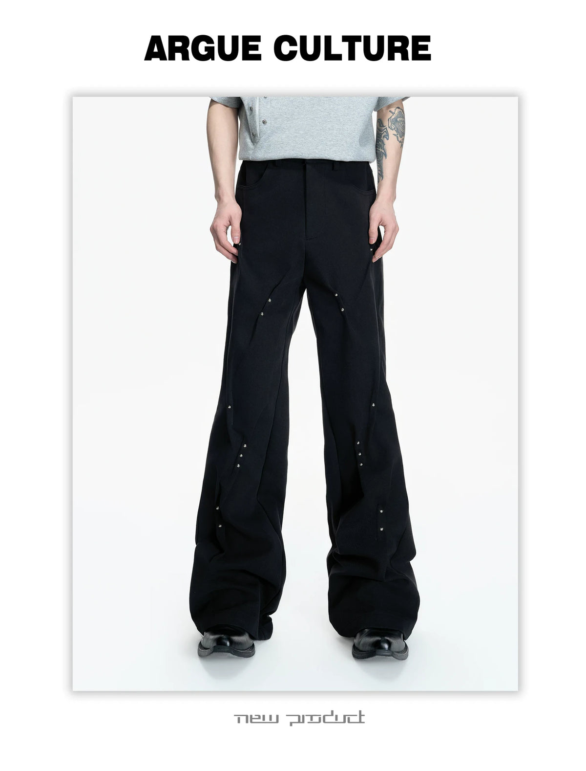 Pleated Rivet Cotton Pants | Relaxed Straight-Leg Fit - description image 2