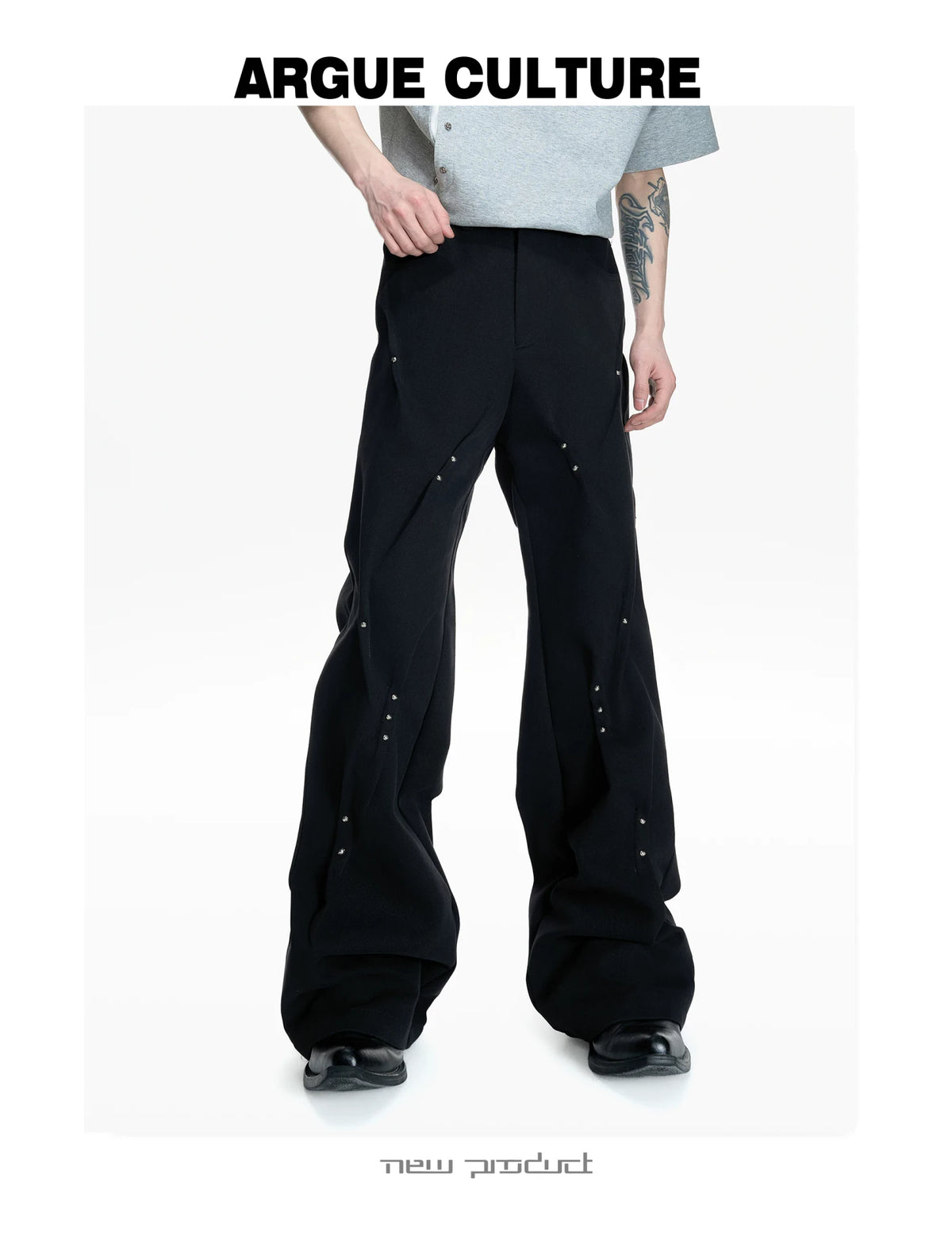 Pleated Rivet Cotton Pants | Relaxed Straight-Leg Fit - description image 3