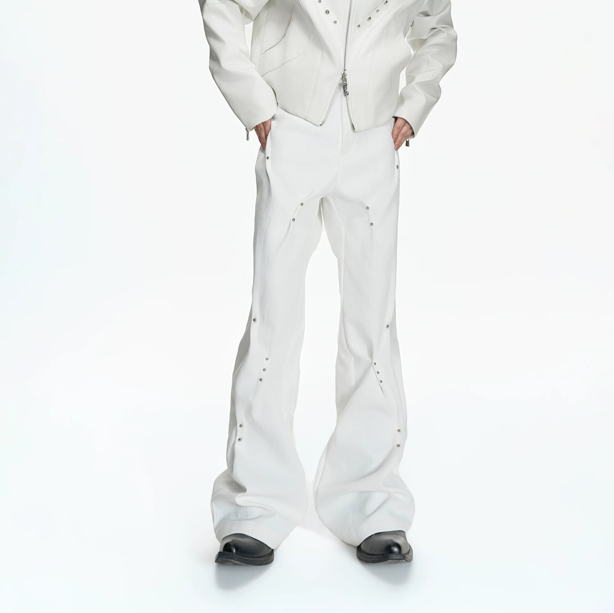 Pleated Rivet Cotton Pants | Relaxed Straight-Leg Fit - main image 1