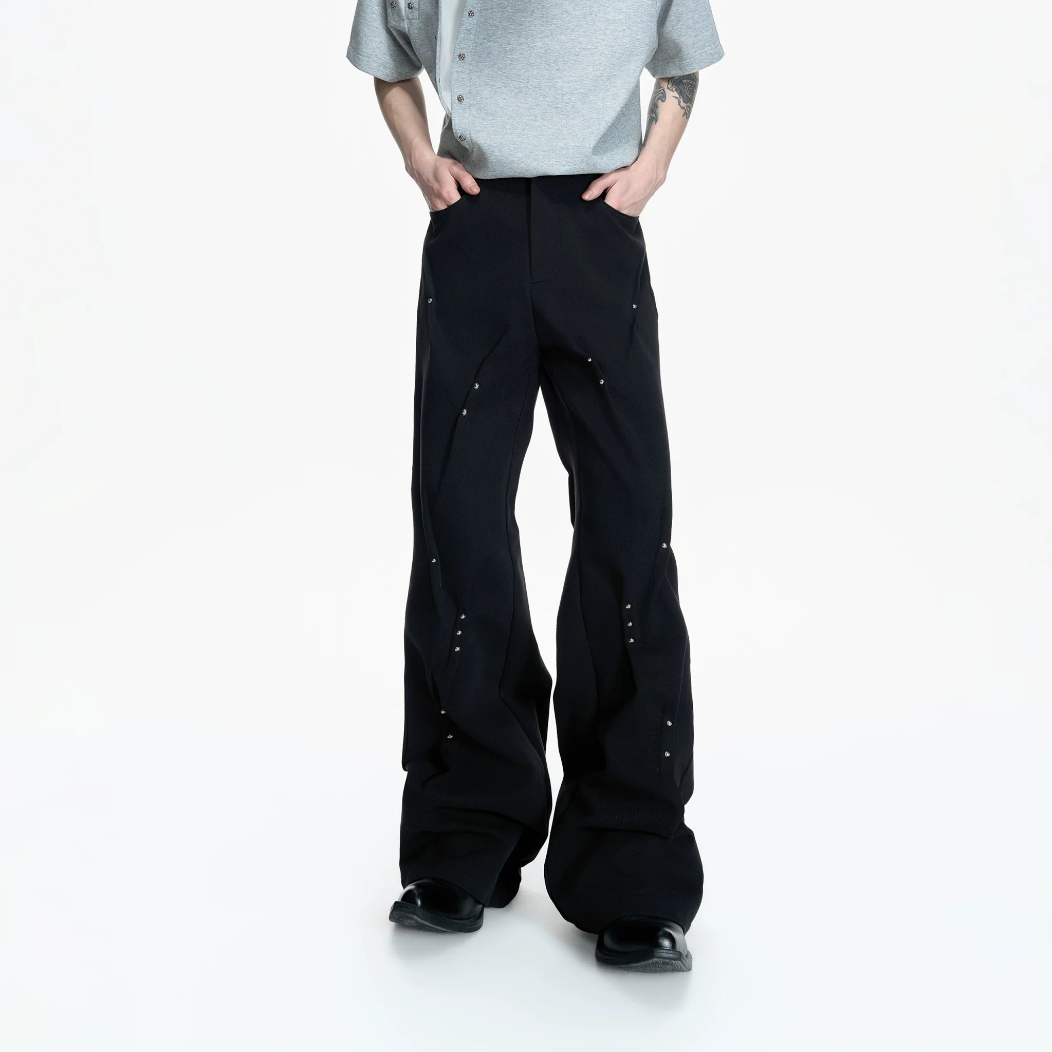 Pleated Rivet Cotton Pants | Relaxed Straight-Leg Fit - main image 2