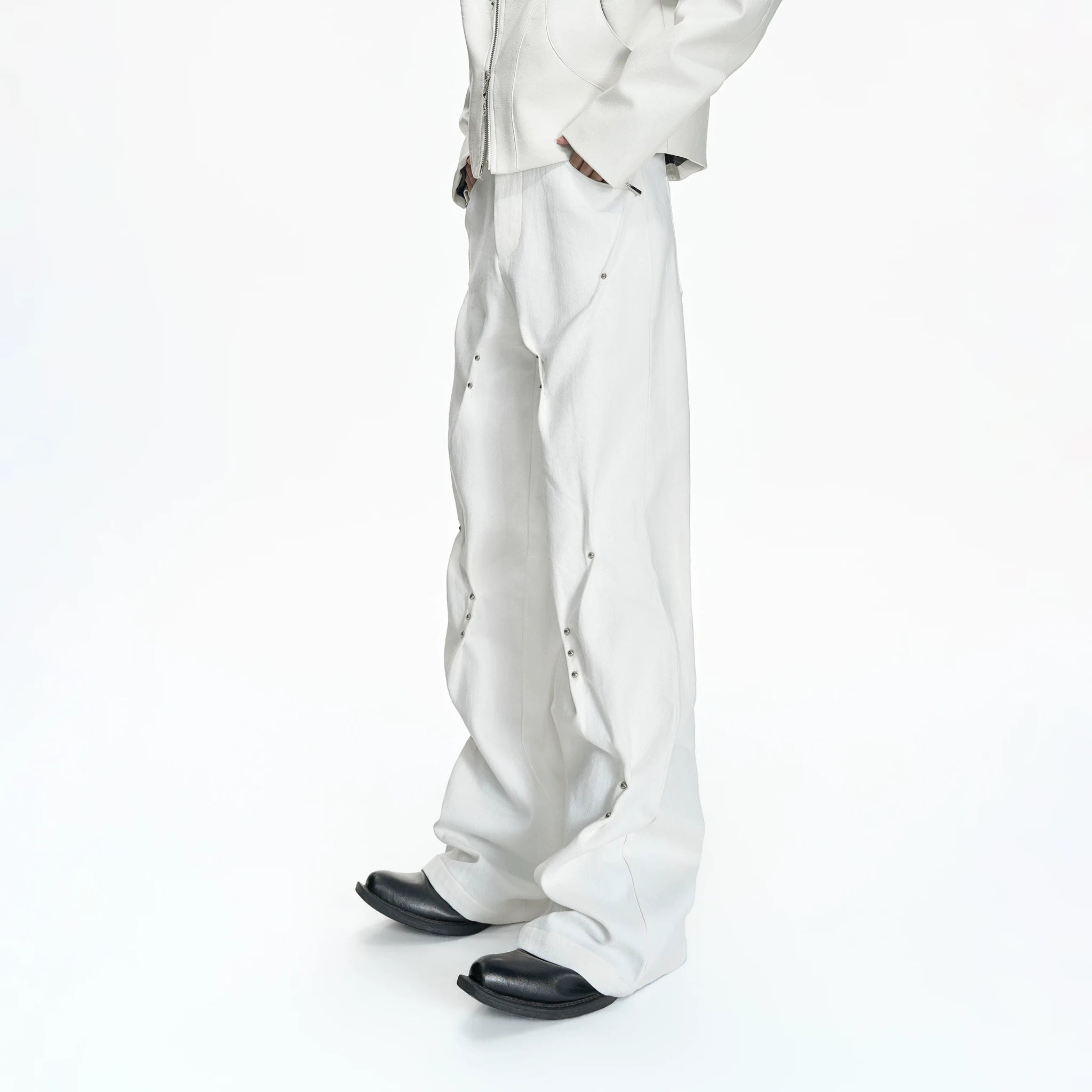Pleated Rivet Cotton Pants | Relaxed Straight-Leg Fit - main image 3