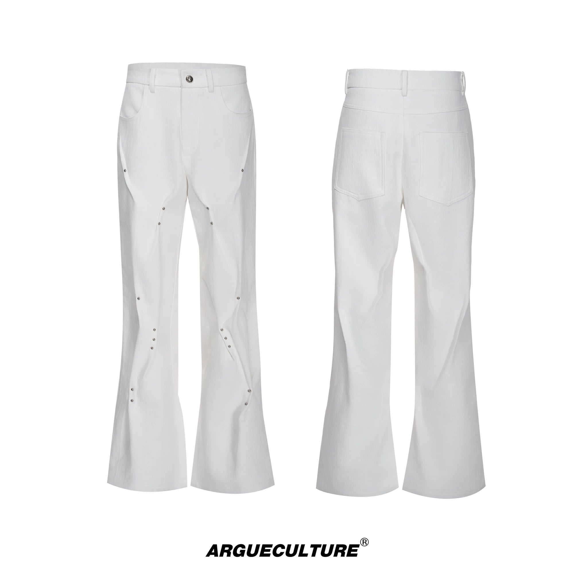 Pleated Rivet Cotton Pants | Relaxed Straight-Leg Fit - White Pants