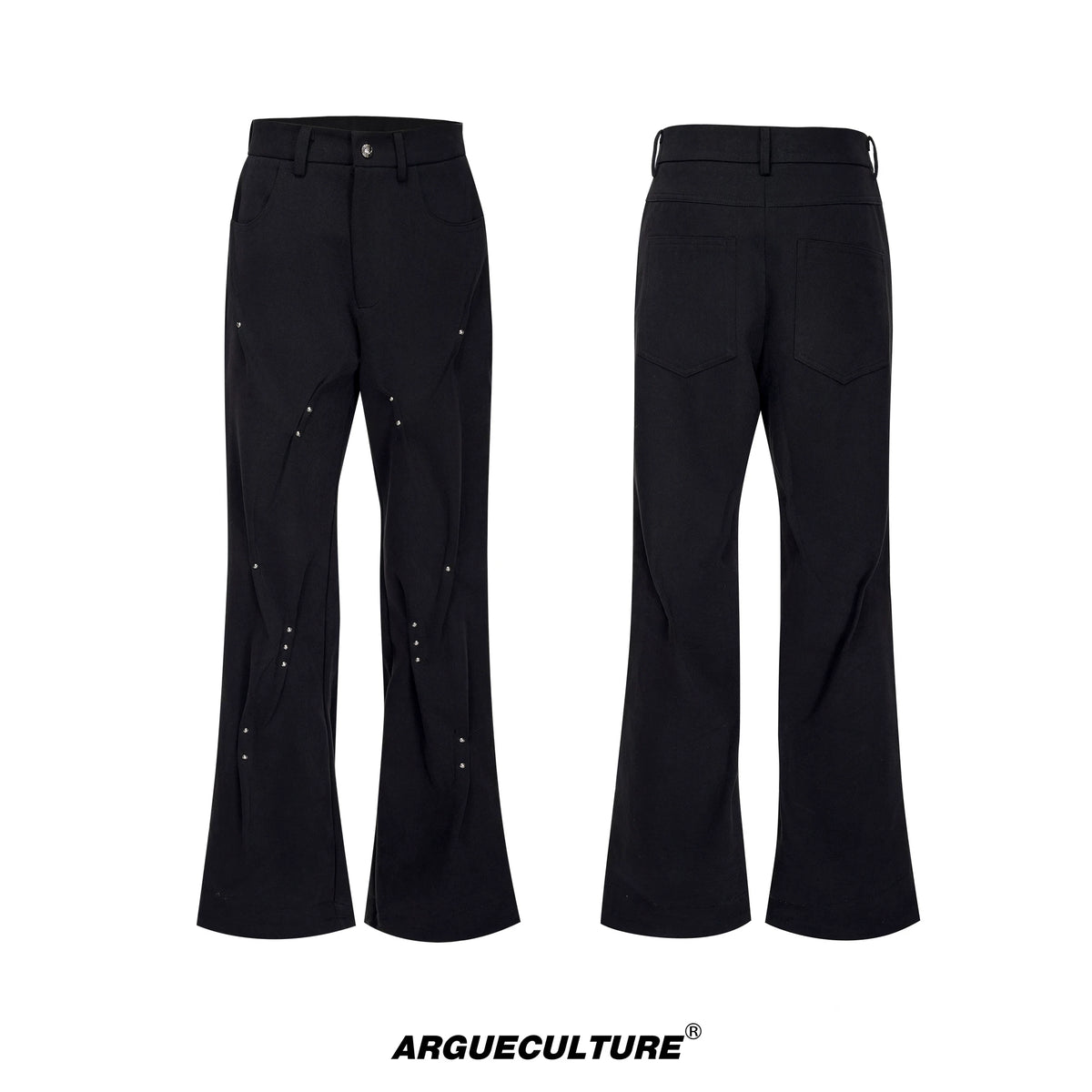 Pleated Rivet Cotton Pants | Relaxed Straight-Leg Fit - Black Pants
