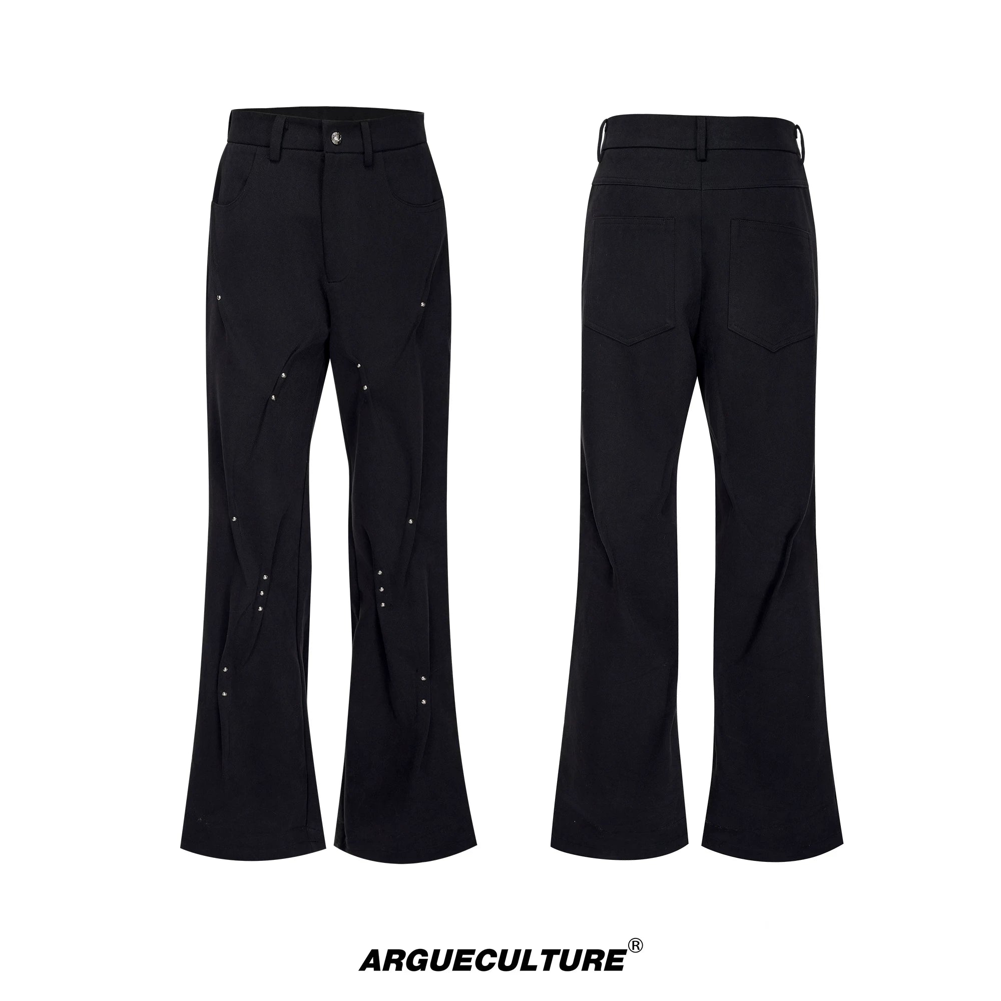 Pleated Rivet Cotton Pants | Relaxed Straight-Leg Fit - Black Pants