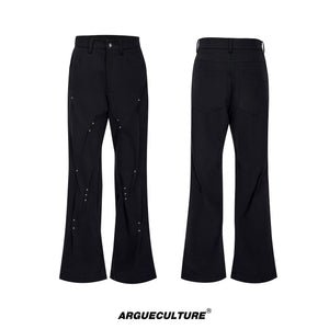 Pleated Rivet Cotton Pants | Relaxed Straight-Leg Fit - Black Pants