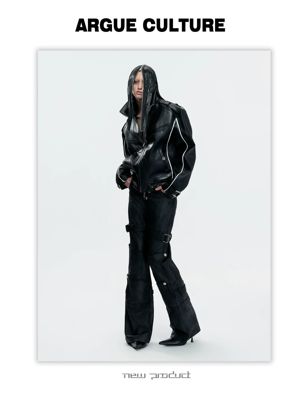 Black Waxed Coated Straight-Leg Jeans with Straps - description image 2