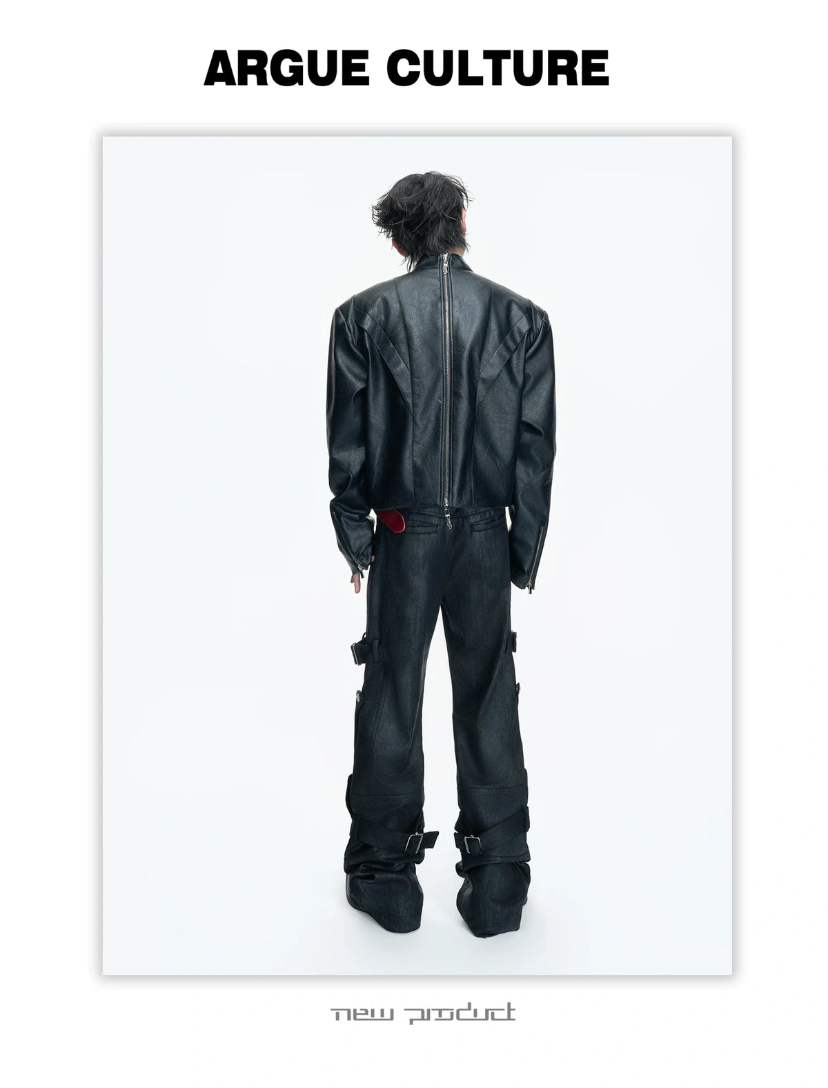 Black Waxed Coated Straight-Leg Jeans with Straps - description image 5