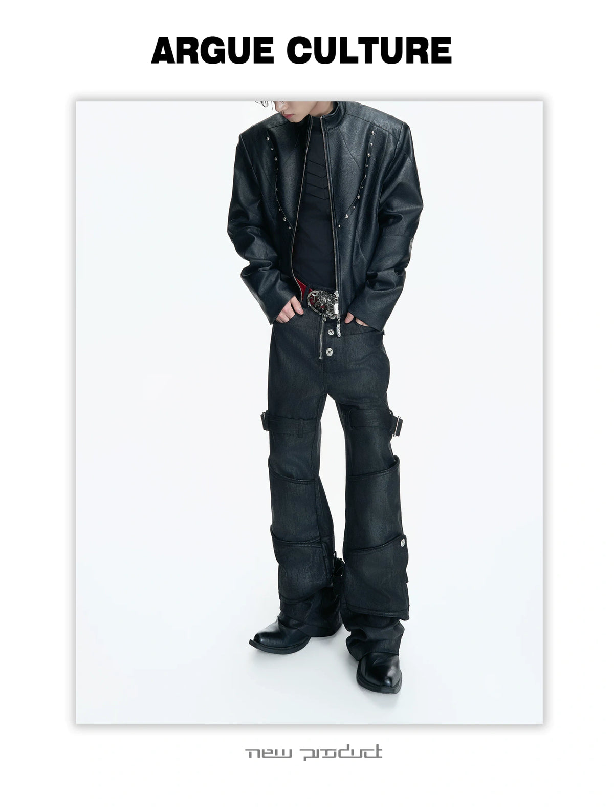 Black Waxed Coated Straight-Leg Jeans with Straps - description image 6