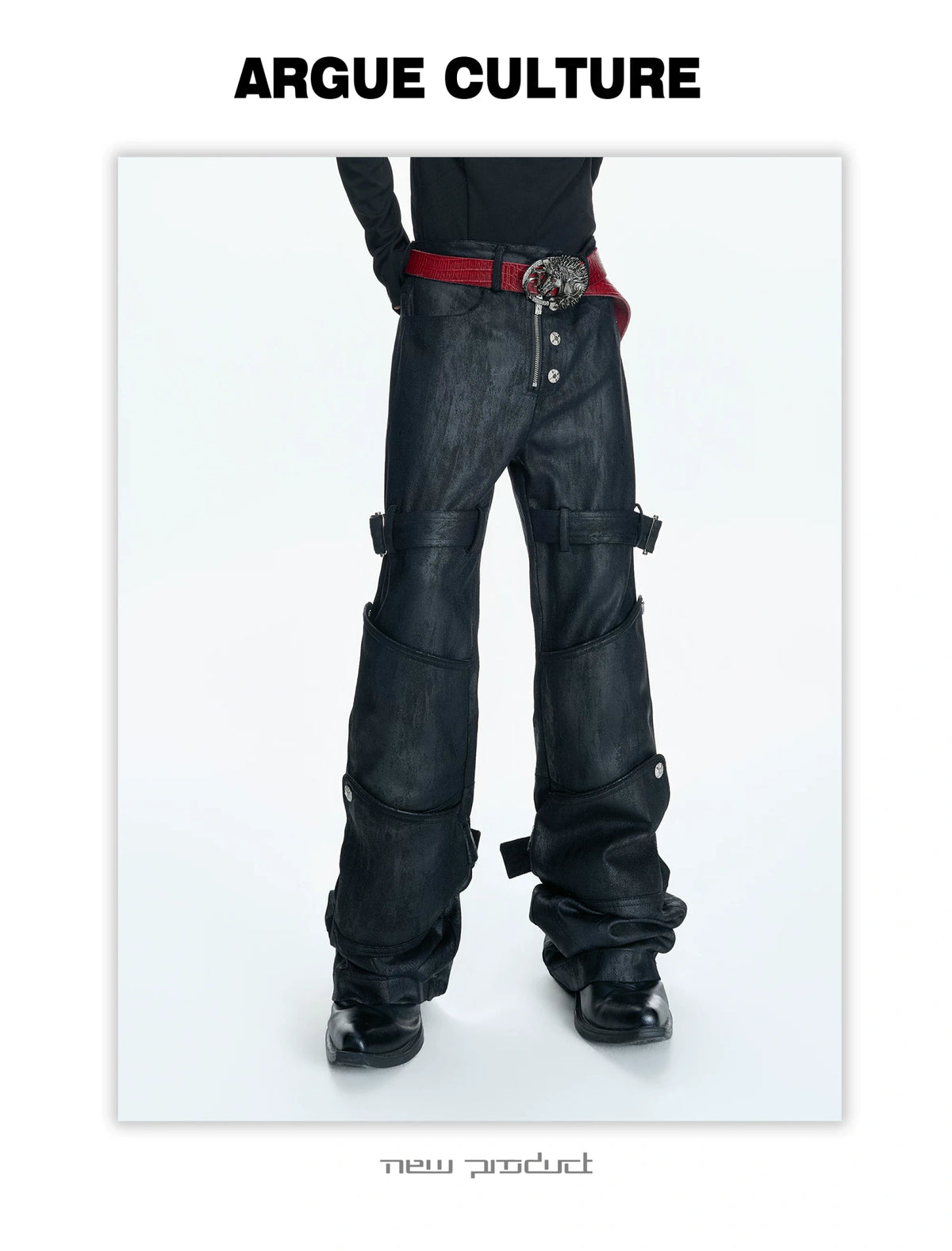 Black Waxed Coated Straight-Leg Jeans with Straps - description image 8