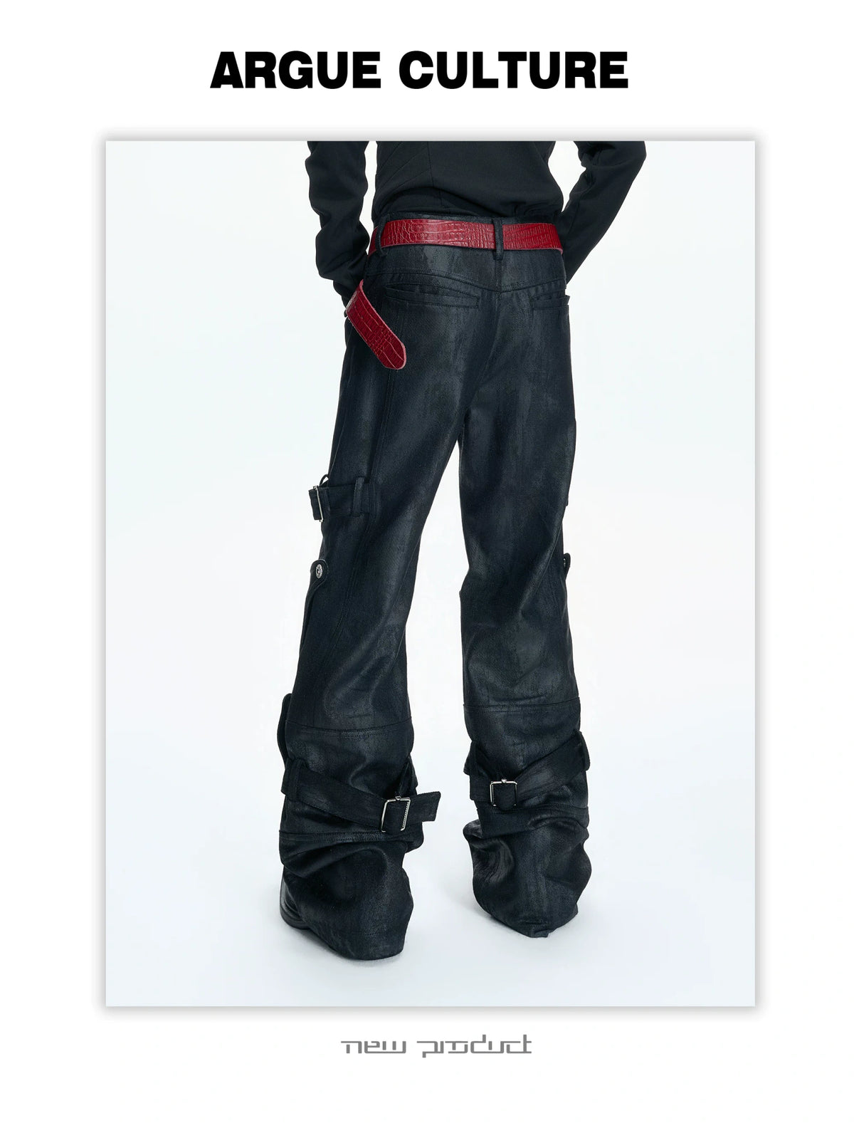 Black Waxed Coated Straight-Leg Jeans with Straps - description image 9