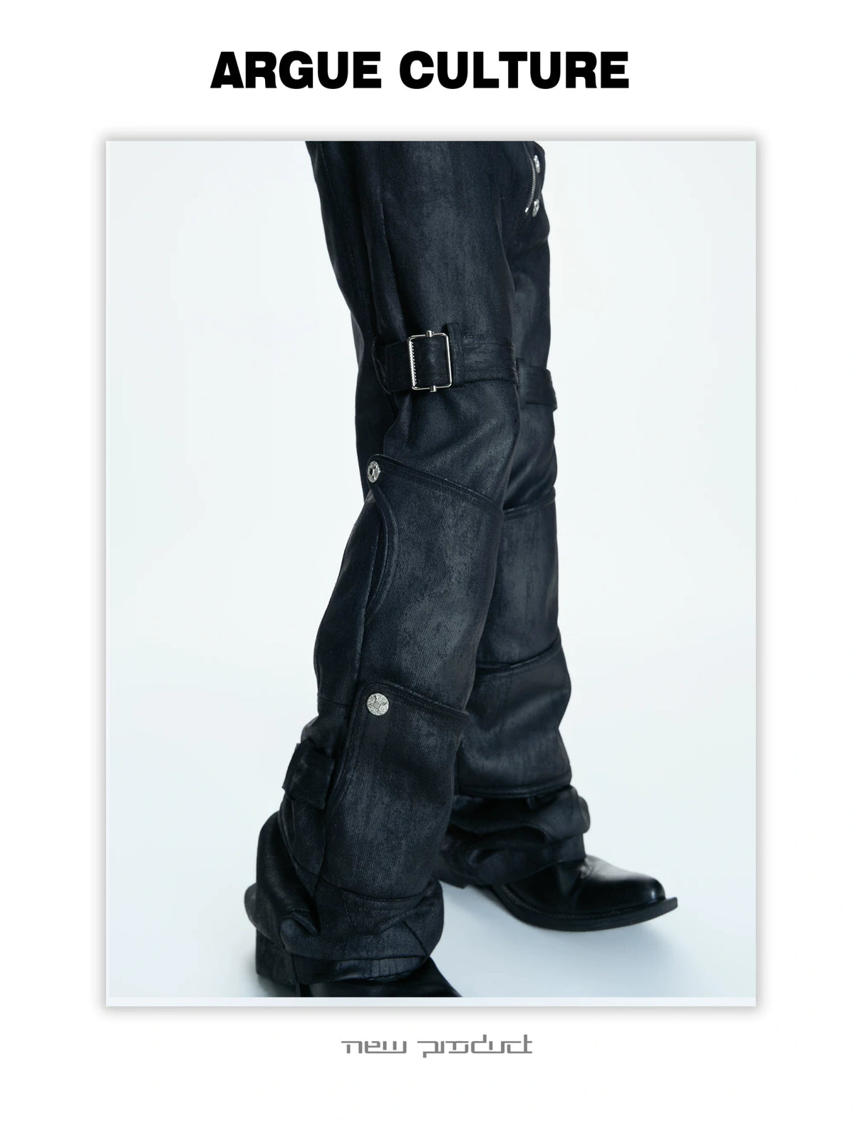 Black Waxed Coated Straight-Leg Jeans with Straps - description image 10