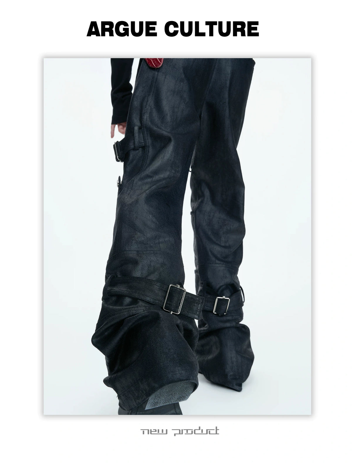 Black Waxed Coated Straight-Leg Jeans with Straps - description image 11