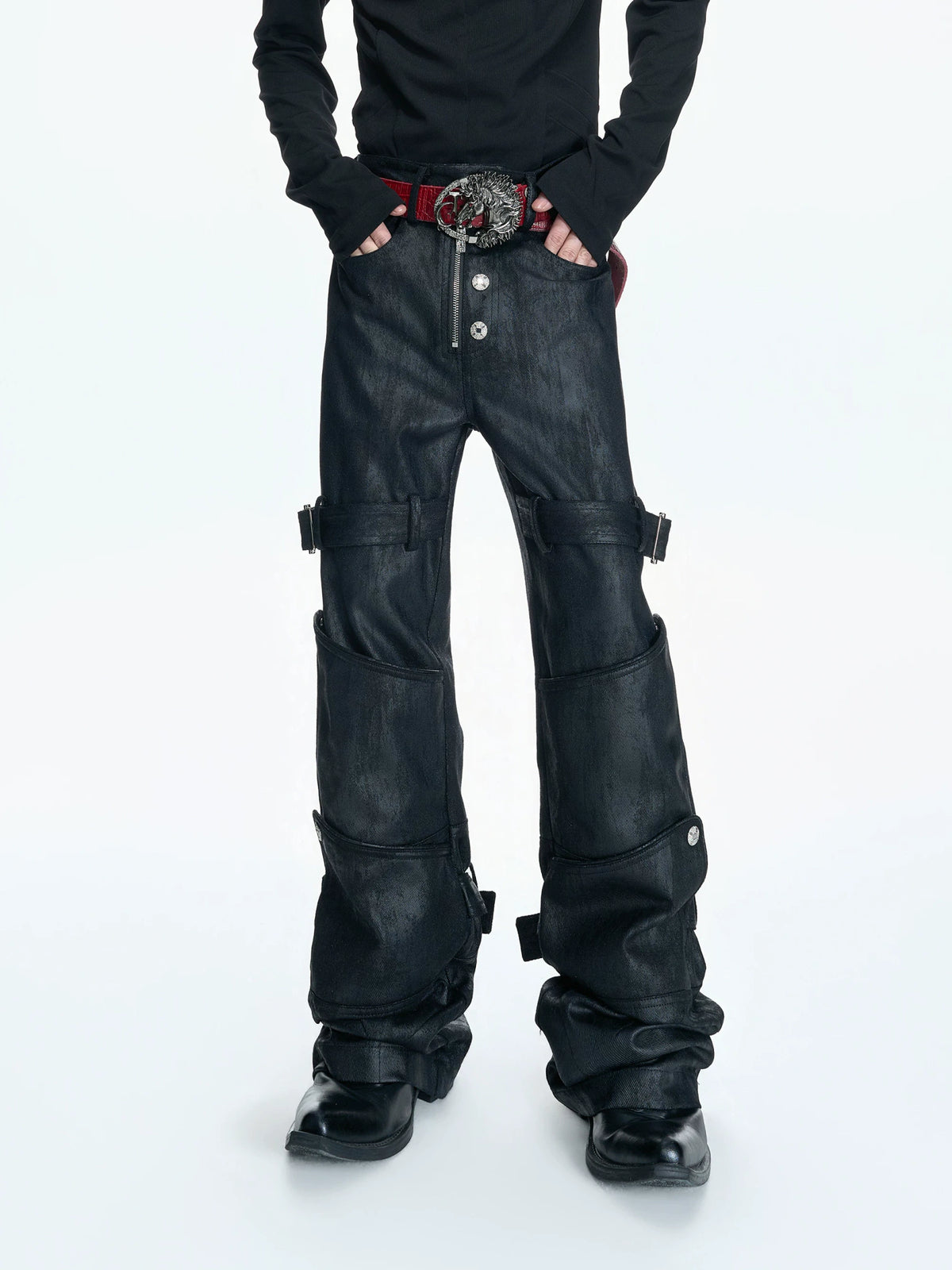 Black Waxed Coated Straight-Leg Jeans with Straps - main image 1