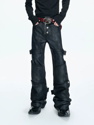 Black Waxed Coated Straight-Leg Jeans with Straps - main image 1
