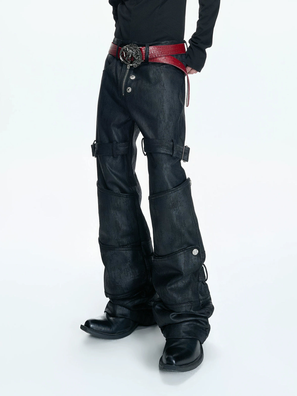 Black Waxed Coated Straight-Leg Jeans with Straps - main image 2