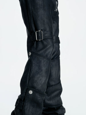 Black Waxed Coated Straight-Leg Jeans with Straps - main image 4