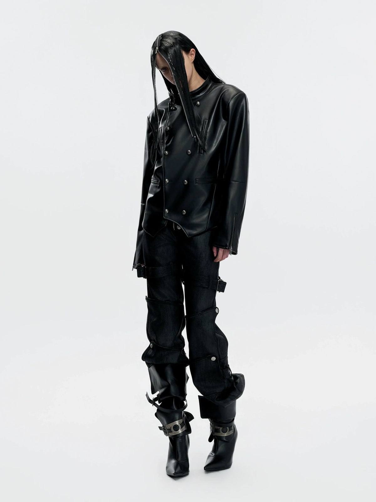 Black Waxed Coated Straight-Leg Jeans with Straps - main image 5