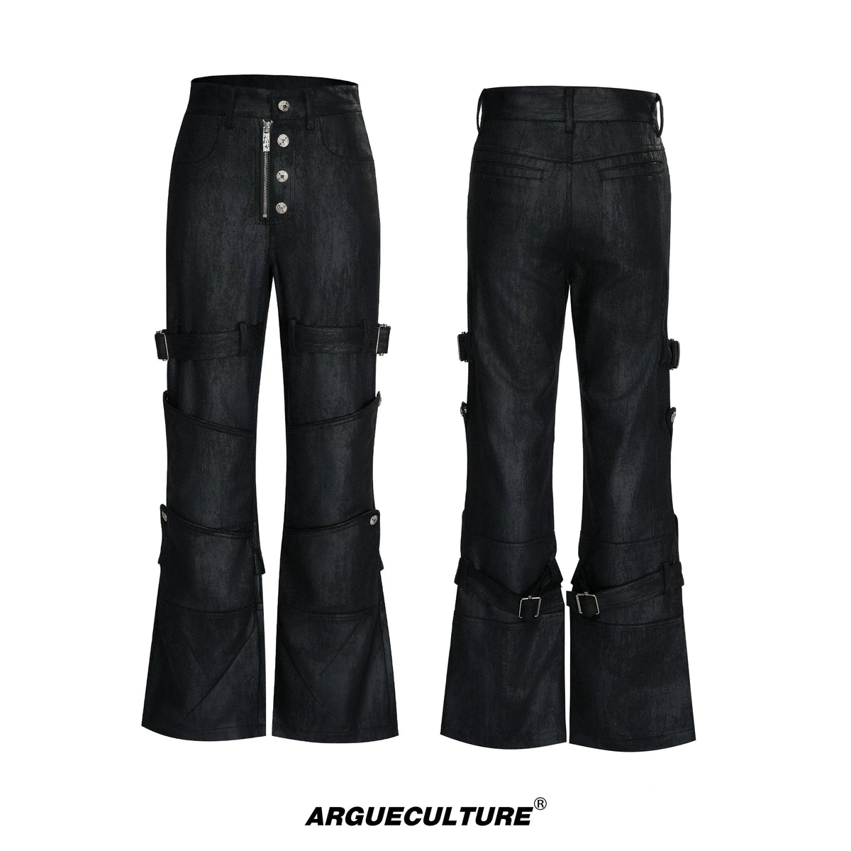 Black Waxed Coated Straight-Leg Jeans with Straps - Black Pants