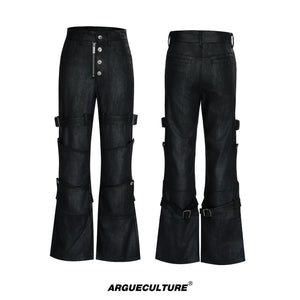 Black Waxed Coated Straight-Leg Jeans with Straps - Black Pants