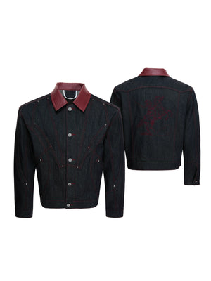 Black Short Wide Raw Denim Jacket with Embroidery - main image 1