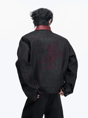 Black Short Wide Raw Denim Jacket with Embroidery - main image 2