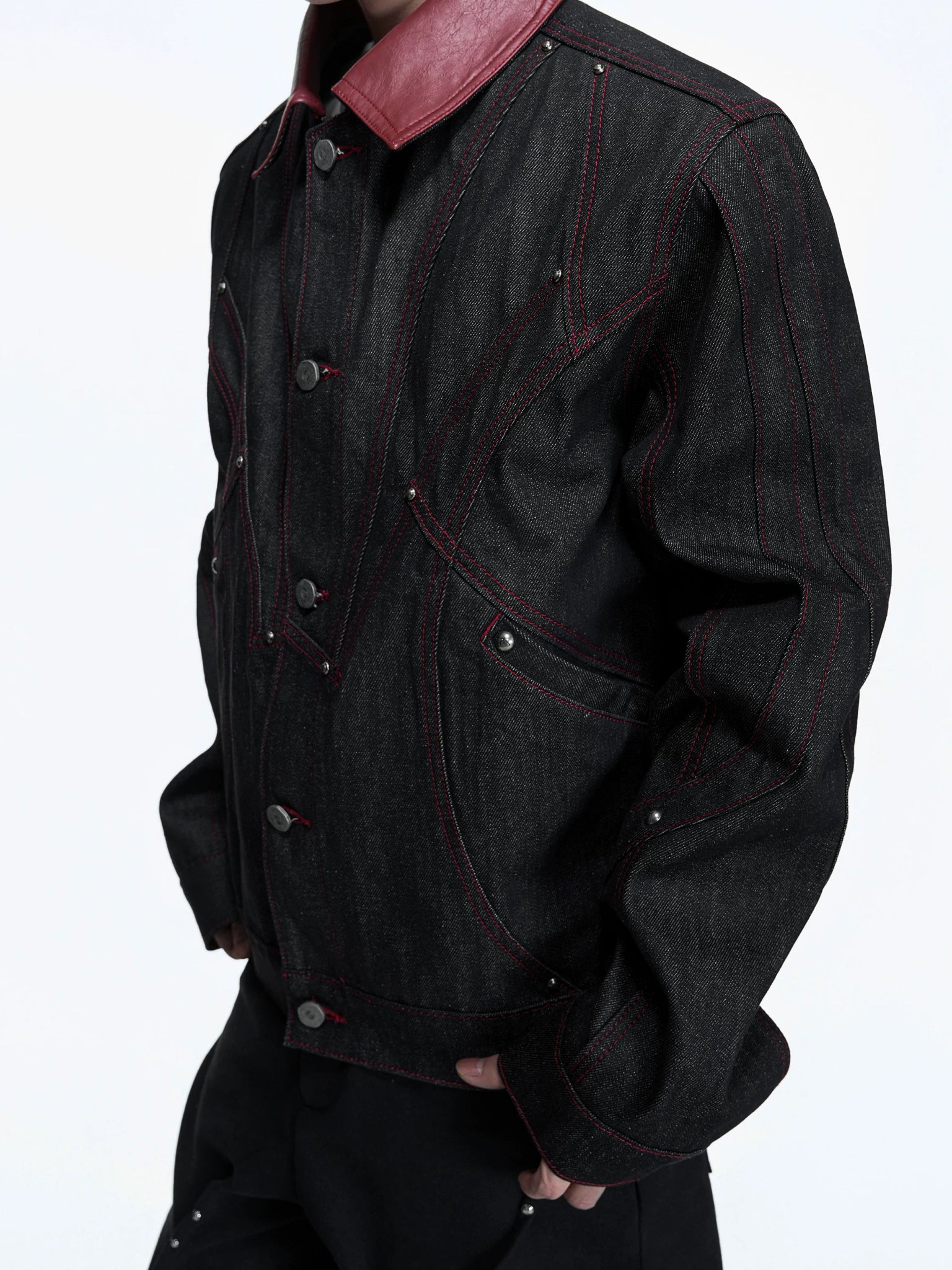 Black Short Wide Raw Denim Jacket with Embroidery - main image 3