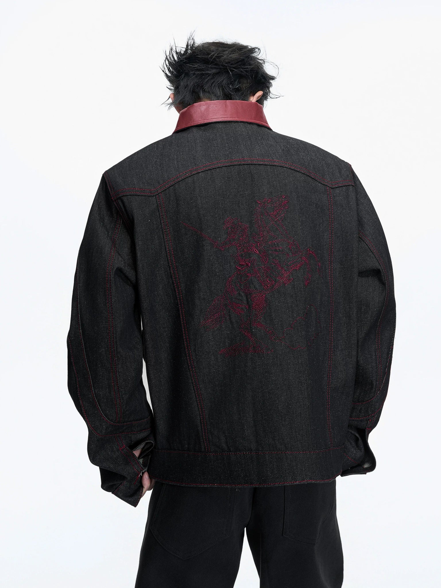Black Short Wide Raw Denim Jacket with Embroidery - main image 4