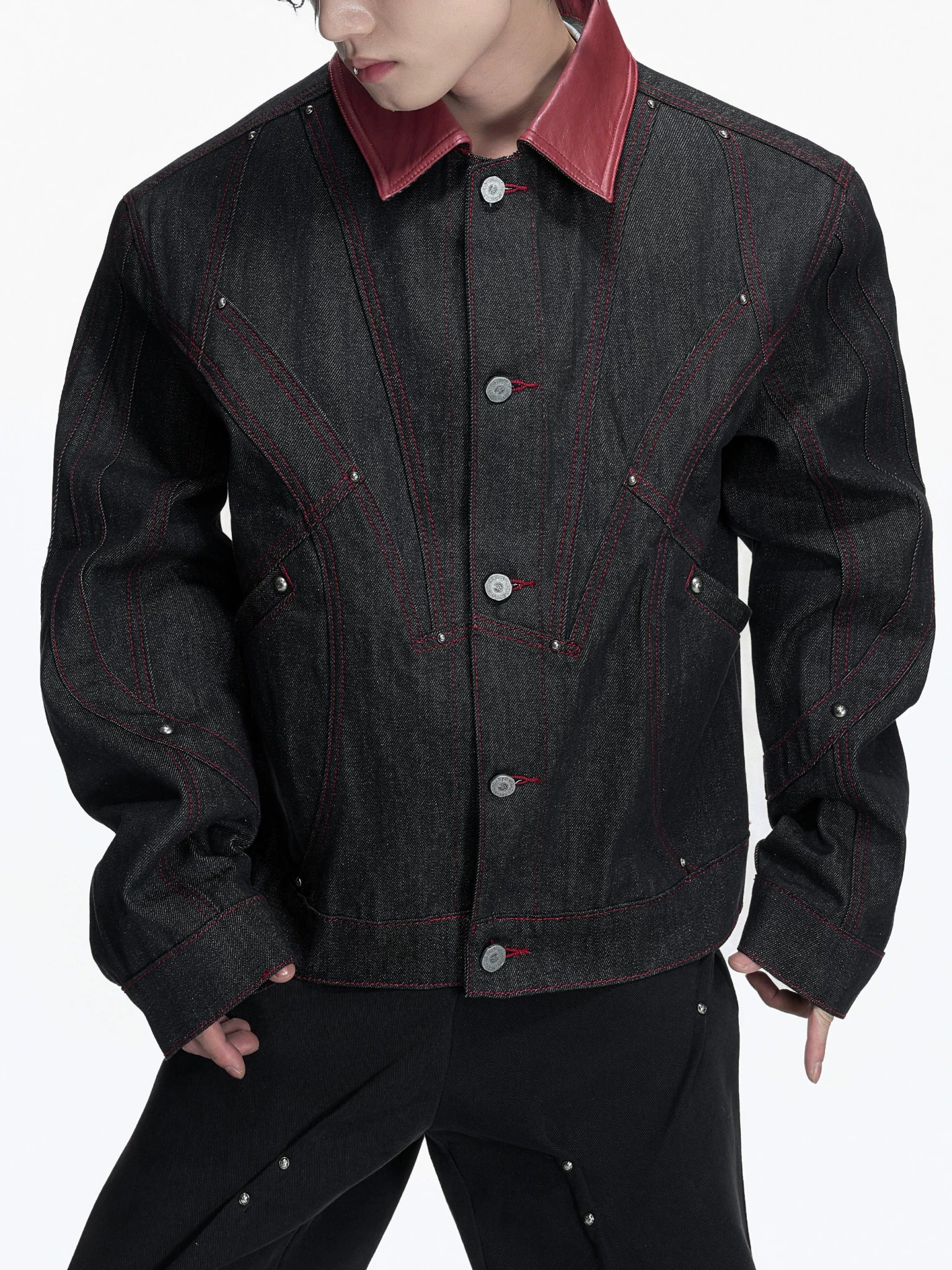 Black Short Wide Raw Denim Jacket with Embroidery - main image 5
