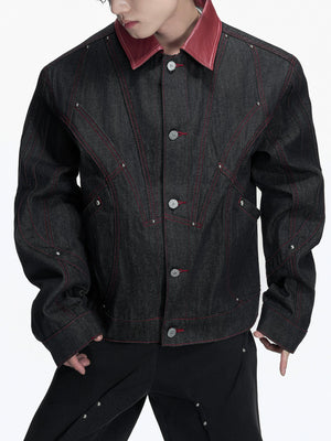 Black Short Wide Raw Denim Jacket with Embroidery - main image 5