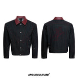 Black Short Wide Raw Denim Jacket with Embroidery - Black