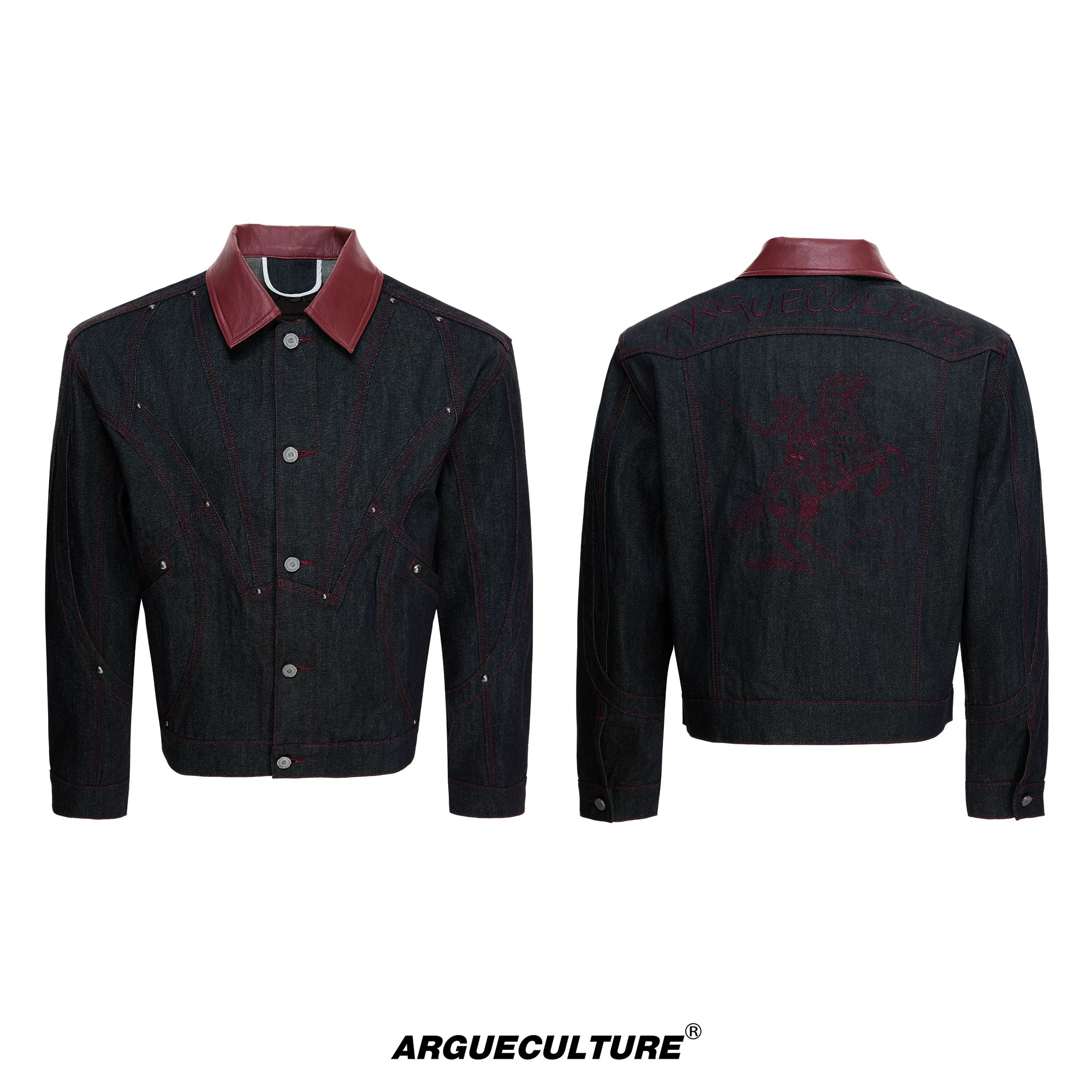 Black Short Wide Raw Denim Jacket with Embroidery - Black