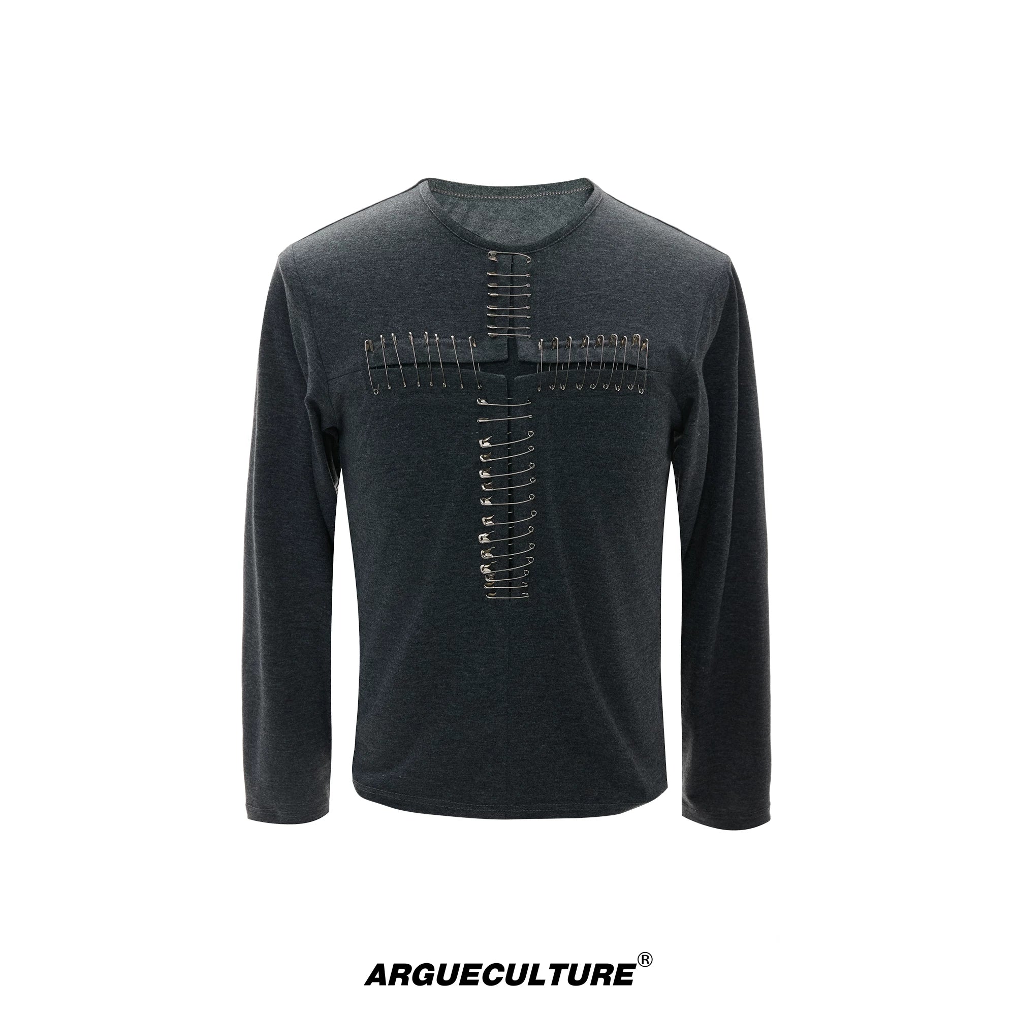 Unisex Pin Cross Long-Sleeve Cotton Blend Top - Gray Top