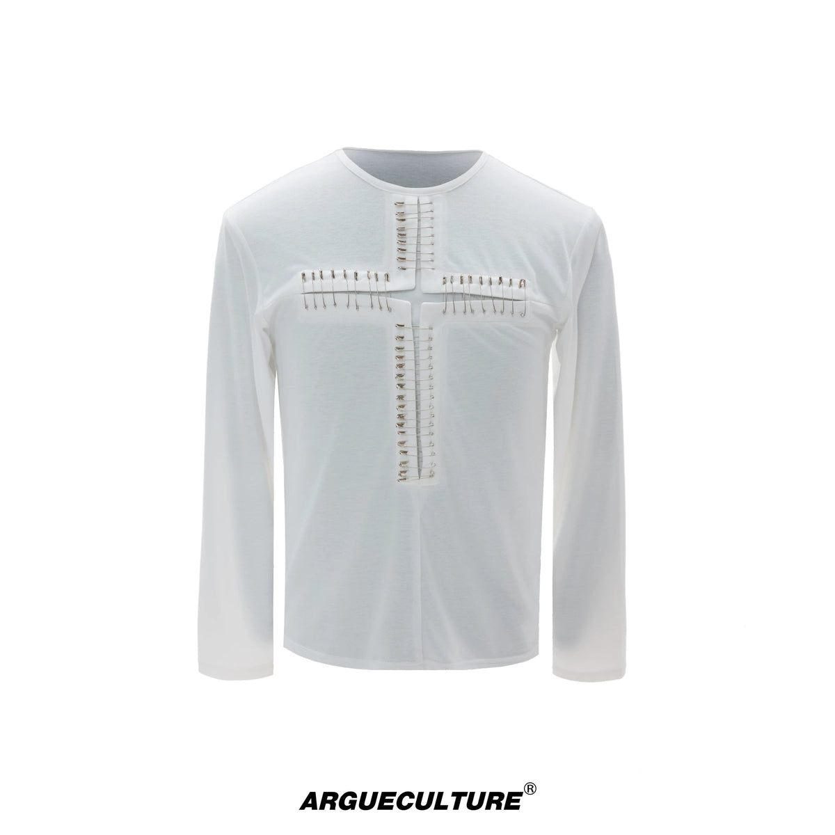 Unisex Pin Cross Long-Sleeve Cotton Blend Top - White Top