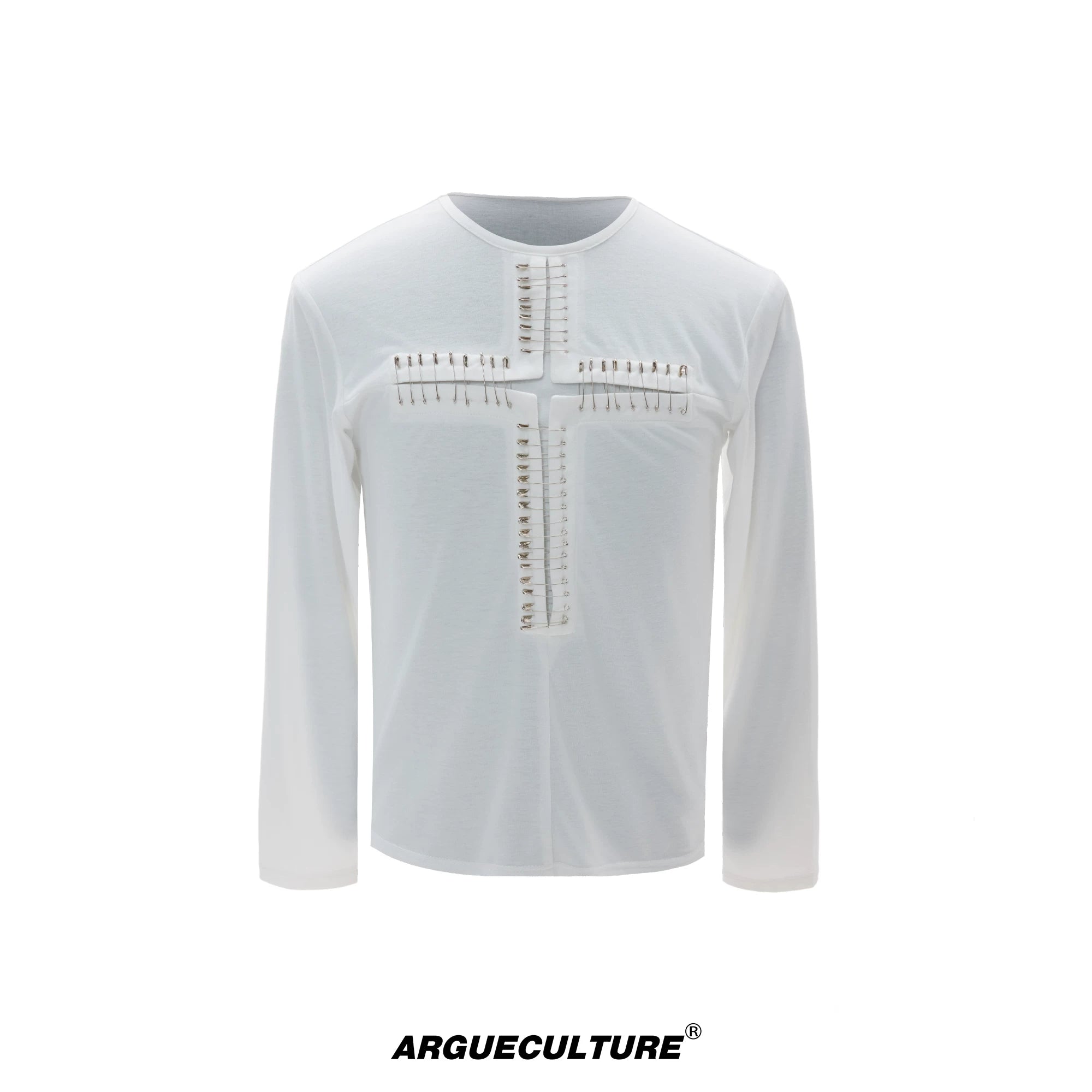 Unisex Pin Cross Long-Sleeve Cotton Blend Top - White Top