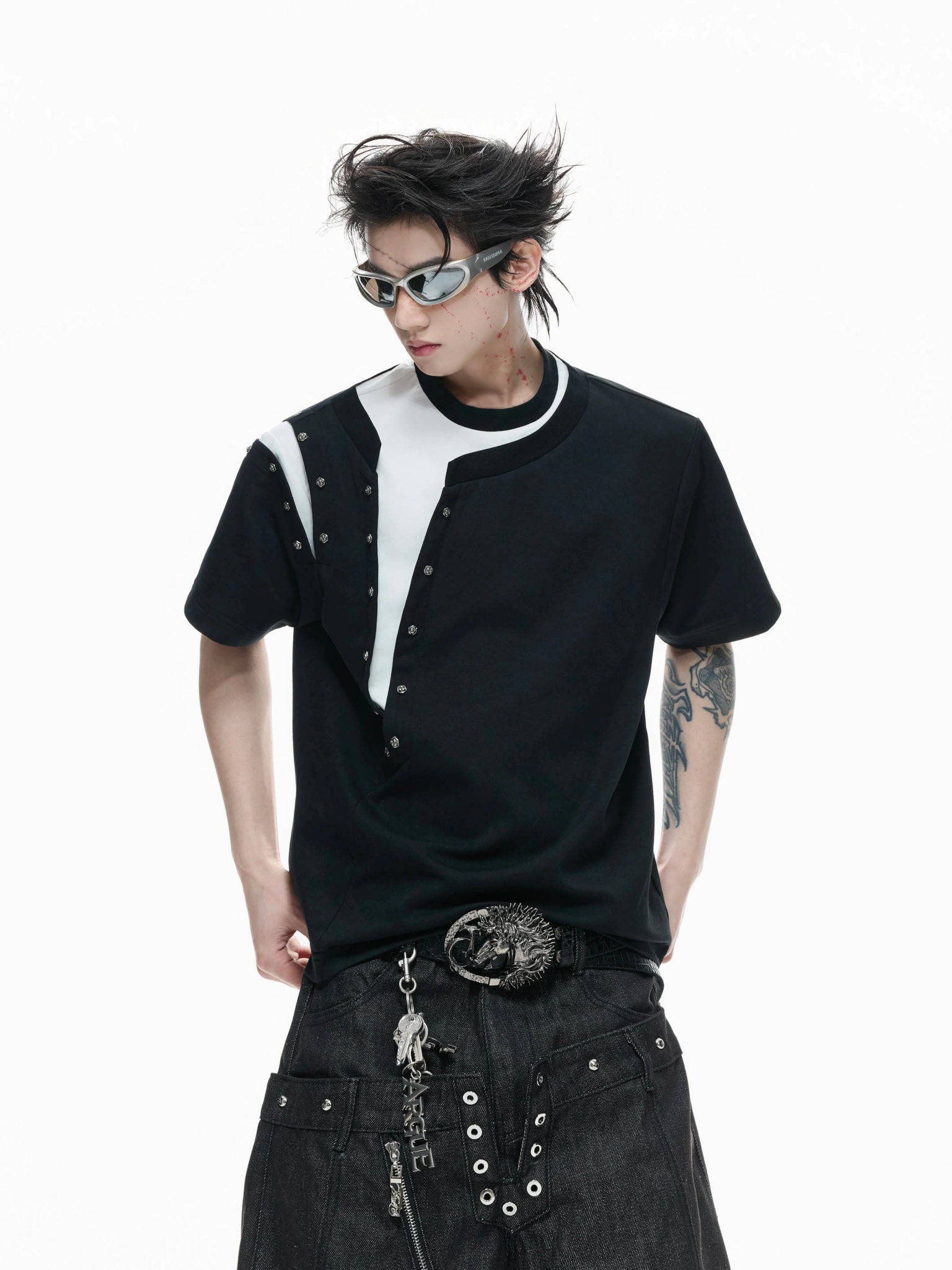 Metal Rivet Split-Layer Short Sleeve T-Shirt - main image 1