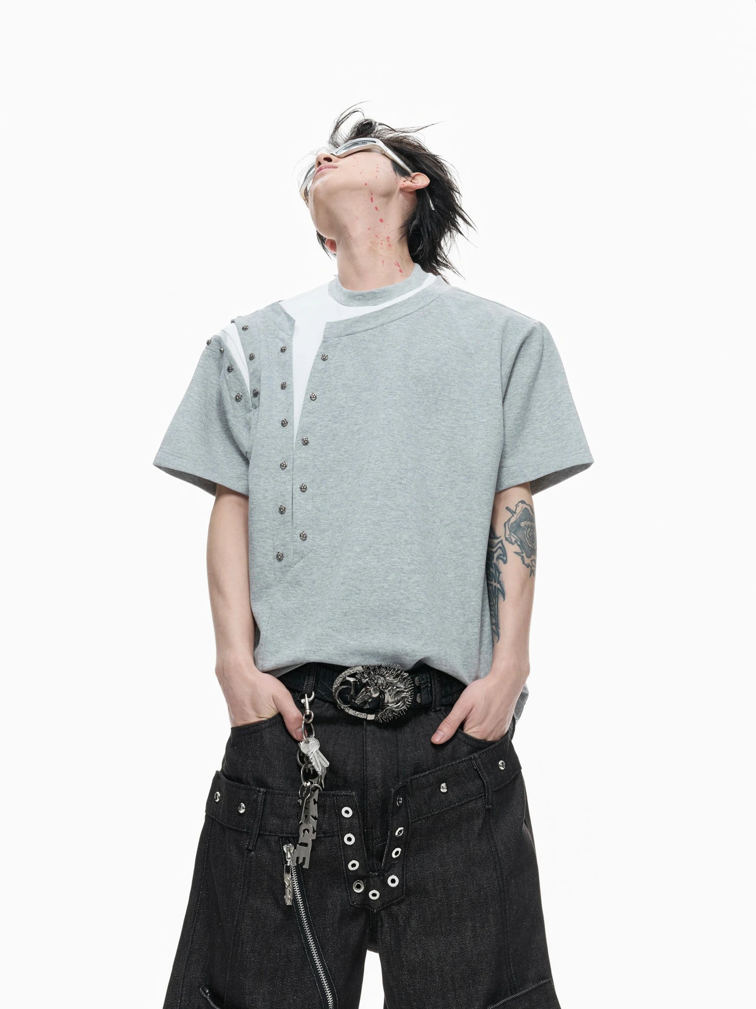 Metal Rivet Split-Layer Short Sleeve T-Shirt - main image 2