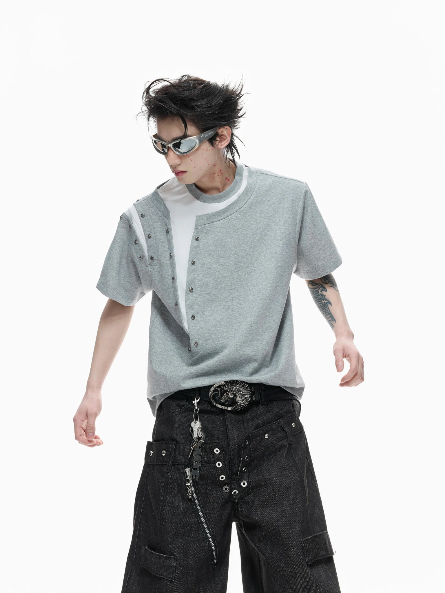 Metal Rivet Split-Layer Short Sleeve T-Shirt - main image 4