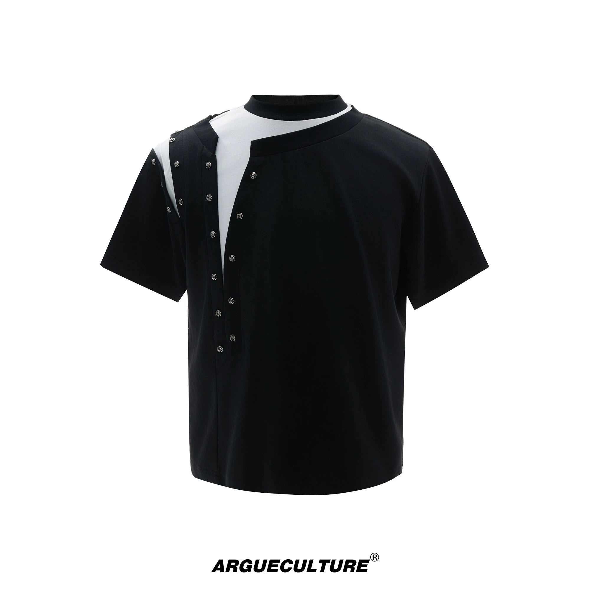 Metal Rivet Split-Layer Short Sleeve T-Shirt - Black Top