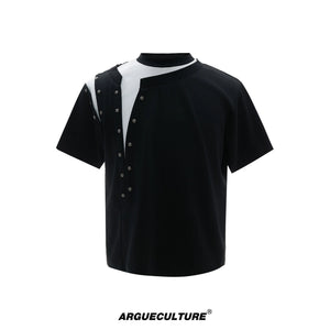 Metal Rivet Split-Layer Short Sleeve T-Shirt - Black Top